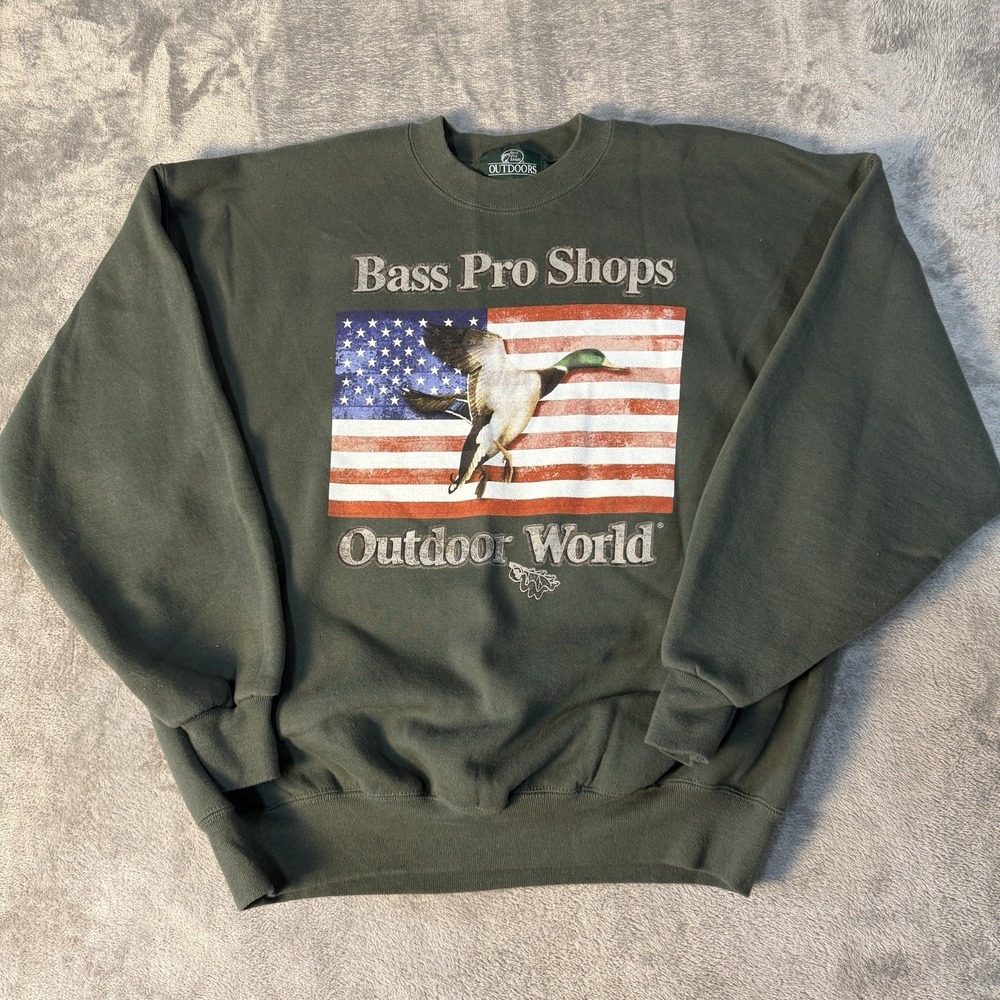 Vintage Bass Pro Shops Outdoors Duck American Flag Sweatshirt Mens 2XL Made USA
